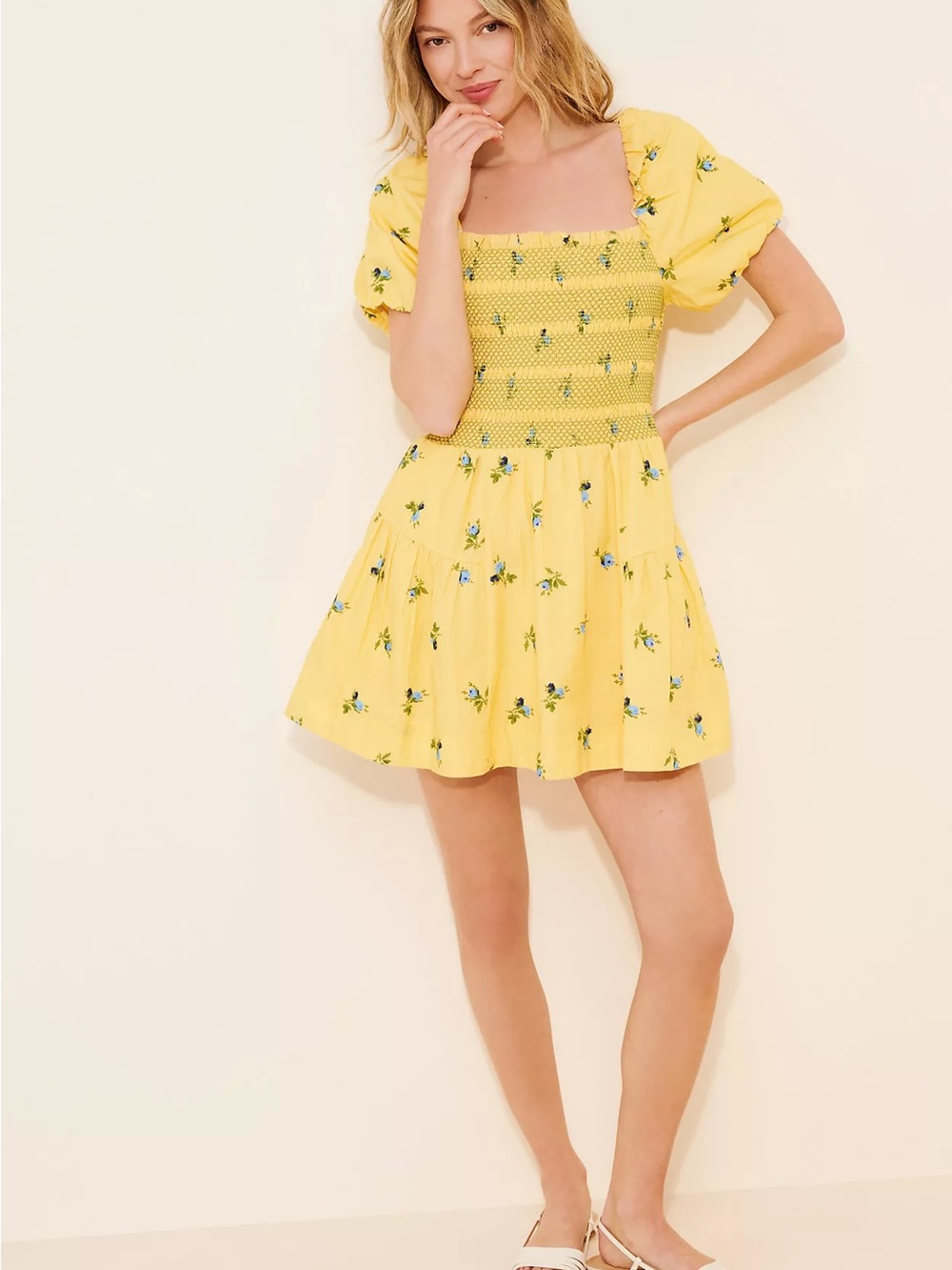 Anthropologie Yellow Floral Smocked Puff-Sleeve Mini Dress